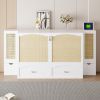 Queen Size Murphy Bed Wall Bed with Drawer and Rattan Decoration with 2 Storage Cabinets, One set of Sockets & USB Ports, Pulley Structure Design