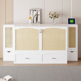 Queen Size Murphy Bed Wall Bed with Drawer and Rattan Decoration with 2 Storage Cabinets, One set of Sockets & USB Ports, Pulley Structure Design