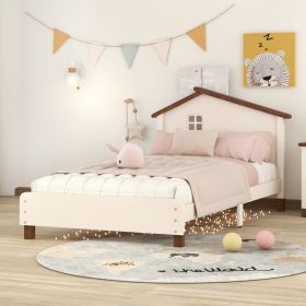 Twin Size Wood Platform Bed with House-shaped Headboard (Cream+Walnut)