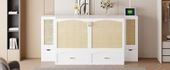Queen Size Murphy Bed Wall Bed with Drawer and Rattan Decoration with 2 Storage Cabinets, One set of Sockets & USB Ports, Pulley Structure Design