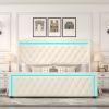 King Platform Bed Frame, Velvet Upholstered Bed with Deep Tufted Buttons, Adjustable Colorful Lighted Strip Decorative Headboard, Wide Wingbacks