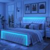 King Platform Bed Frame, Velvet Upholstered Bed with Deep Tufted Buttons, Adjustable Colorful Lighted Strip Decorative Headboard, Wide Wingbacks