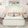 King Platform Bed Frame, Velvet Upholstered Bed with Deep Tufted Buttons, Adjustable Colorful Lighted Strip Decorative Headboard, Wide Wingbacks