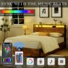 Lift-up Storage Bed Frame, Queen Size Bed Frame with Bookcase Headboard & LED Lights, Wooden Platform Bed Frame with Charging Station
