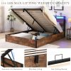 Lift-up Storage Bed Frame, Queen Size Bed Frame with Bookcase Headboard & LED Lights, Wooden Platform Bed Frame with Charging Station