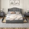 Upholstered Platform Bed with Wingback Headboard and 4 Drawers, No Box Spring Needed, Linen Fabric, Queen Size Gray