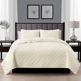 Full Queen 3-Piece Polyester Microfiber Reversible Diamond Quilt Set (Color: Ivory)