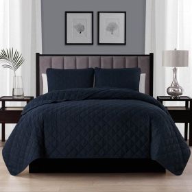 Full Queen 3-Piece Polyester Microfiber Reversible Diamond Quilt Set (Color: Navy Blue)