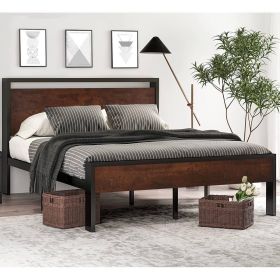 Full Metal Platform Bed Frame with  Wood Panel Headboard Footboard (Color: mahogany)