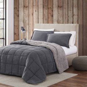 Full/Queen Plush Sherpa Reversible Micro Suede Comforter Set (Color: Gray)