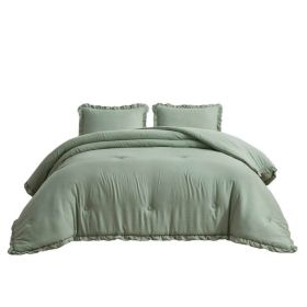 Oversized King  Microfiber 3-Piece Comforter Set with Ruffled Edge Trim (Color: Sage)