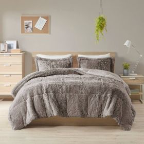 King/CAL King Soft Sherpa Faux Fur 3-Piece Comforter Set with Pillow Shams (Color: Grey)