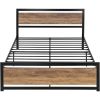 Queen Metal Platform Bed Frame with Wood Panel Headboard and Footboard