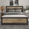 Queen Metal Platform Bed Frame with Wood Panel Headboard and Footboard
