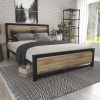 Queen Metal Platform Bed Frame with Wood Panel Headboard and Footboard