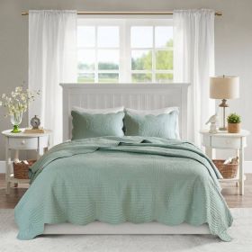 King Size 3 Piece Reversible Scalloped Edges Microfiber Quilt Set in Seafoam (Color: Seafoam)