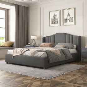 Upholstered Platform Bed with Wingback Headboard and 4 Drawers;  No Box Spring Needed;  Linen Fabric;  Queen Size (Color: Gray)