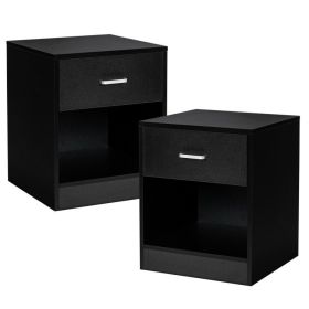 Set of 2 Modern Wooden Nightstands with Storage Drawer and Open Cabinet (Color: Black)