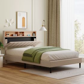 Full size Upholstered Platform Bed with Storage Headboard and USB Port, Linen Fabric Upholstered Bed (Color: Beige)