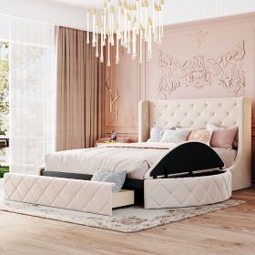 Upholstered Platform Bed Queen Size Storage Velvet Bed with Wingback Headboard and 1 Big Drawer; 2 Side Storage Stool (Color: Beige)