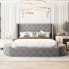 Upholstered Platform Bed Queen Size Storage Velvet Bed with Wingback Headboard and 1 Big Drawer; 2 Side Storage Stool