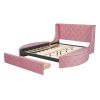 Upholstered Platform Bed Queen Size Storage Velvet Bed with Wingback Headboard and 1 Big Drawer; 2 Side Storage Stool