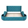Upholstered Platform Bed Queen Size Storage Velvet Bed with Wingback Headboard and 1 Big Drawer; 2 Side Storage Stool